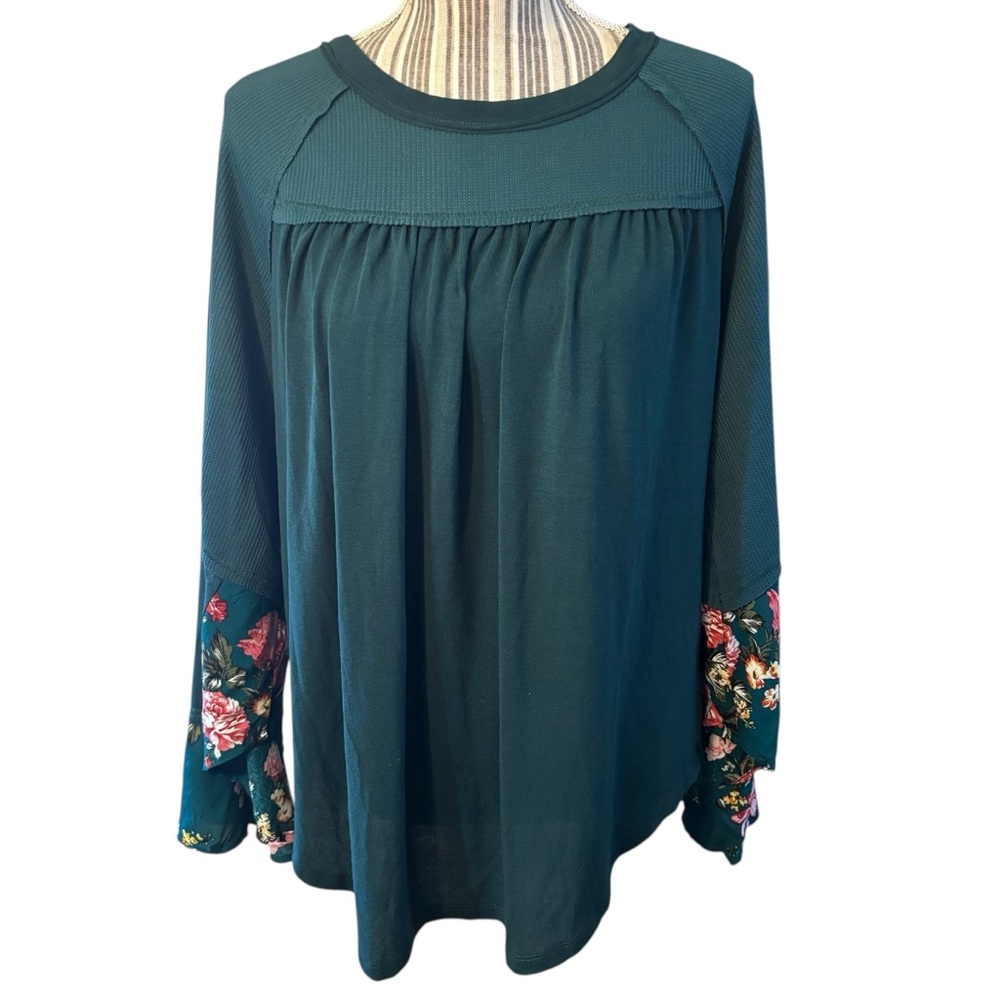 JODIFL Top Small Emerald Green Floral Sleeves Multimedia Flowy Oversized Boho